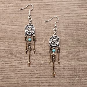 Silver and Gold Arrow Dangle Earrings with Turquoise Accents